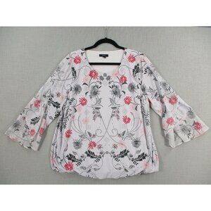 Alfani Floral Print Bell Sleeve Top XL White Pink Black Polyester Spandex